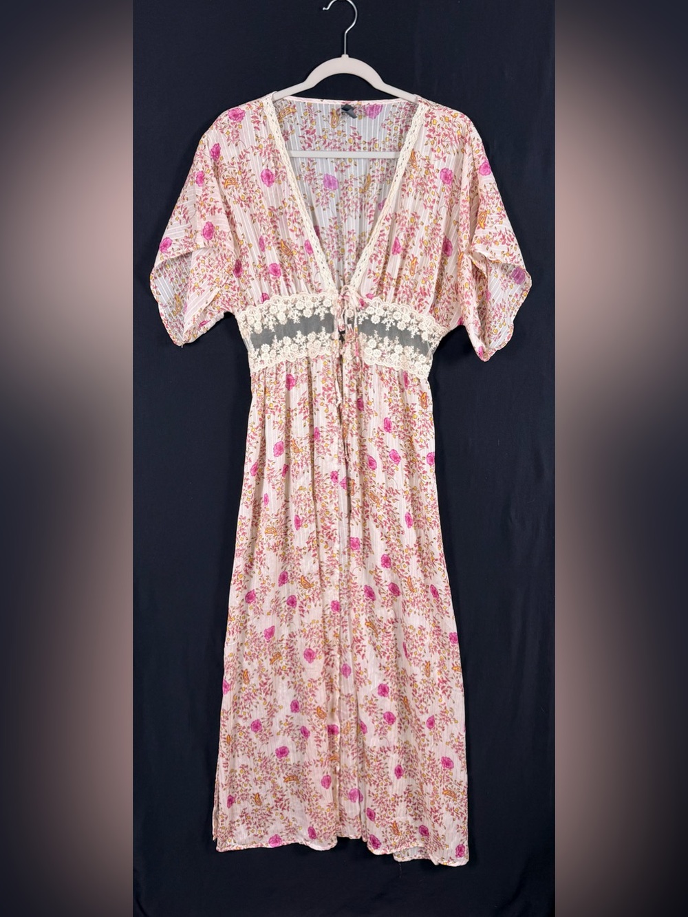 ALYA Pink Kimono Floral Lace-Trim Waist s/m soft girl romantic poolside lounge